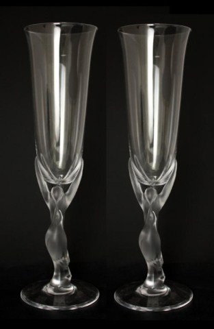 6 FABERGE ""KISSING DOVES"" CHAMPAGNE GLASSES: 6 Faberge ""Kissing Doves"" Champagne Glasses. Each has a beautiful frosted doves design. Signed Egor Carl Faberge France. Measure 9 1/2"" h.