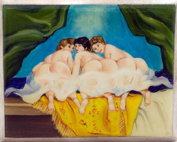 GERMAN STERLING SILVER & ENAMEL CIGARETTE CASE: Front has enchanting nude woman scene done in a vibrant enamel work. Back has a vertical line design. Interior is gold washed and has a German monogram dated 1933. Piece is marked with the number 83 a