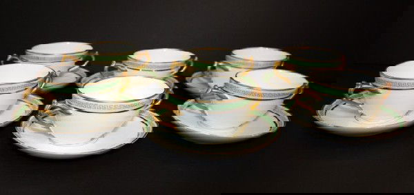 ANTIQUE LIMOGES FRANCE PORCELAIN 12pc BULLION SET: Antique 12 piece bullion set manufactured by Delinieres & Co. (D&C) France. 1894-1900. These were decorated by L. Bernardaud & Co. and Imported for The Higgins & Seiter Store of New York. Higgins and