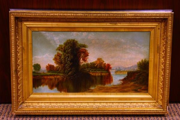 ANTIQUE OIL PAINTING ON CANVAS OF WALLKILL RIVER: Erskine Nicole (Edinburg, Scotland 1825 - 1904) This antique oil painting depicts an enchanting scene of the Wallkill River in the Hudson Valley. The Kingston Bridge can be seen in the distance. No ap