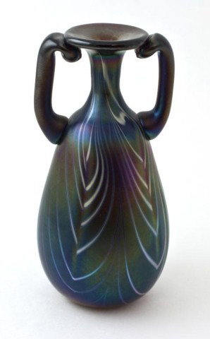VINTAGE CHARLES LOTTON IRIDESCENT GLASS VASE: Beautiful Lotton glass vase with deep purple, iridescent color. Has lined design and two handles. Very good condition. Signed to bottom. Dated 1971. Measures 5 1/2" H x 3" Dia (14cm x 7.5cm).