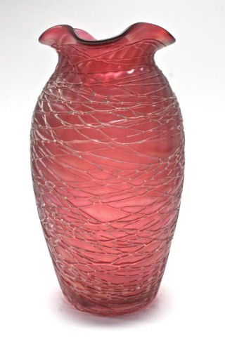 LARGE LOETZ CRANBERRY ART GLASS THREADED VASE: Wonderful Loetz art glass vase. Has beautiful cranberry color and free-form raised threaded design. Fanned lips. No apparent signature. 11" height (28cm).