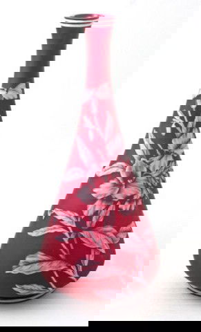 THOMAS WEBB & SONS CAMEO ART GLASS BUTTERFLY VASE: Beautiful floral vase with a butterfly to the side. Floral and butterfly decoration is in a raised white cameo design. No apparent signature (not uncommon for Webb glass). Measures 7 3/4" height (20cm