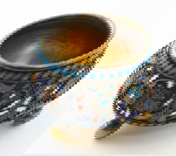 RUSSIAN SILVER & ENAMEL FILIGREE SALT CELLAR: Has incredible floral filigree enamel design throughout. Has 3 beaded feet. Lev Fedorovich Oleks 1894 Assayers mark & Moscow town marks to bottom. "BK" makers mark to bottom. Total weight: .850ozt (26