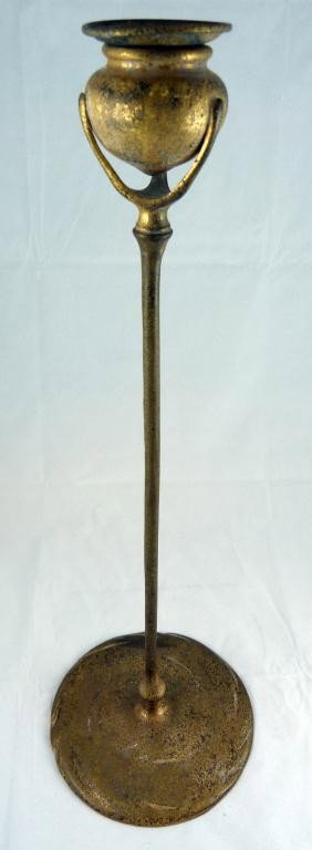 TIFFANY STUDIOS BRONZE CANDLE HOLDER: Interesting design by Tiffany Studios. Marked #1213. Measures 17" height (43cm) x 5 3/4" diameter (14.5cm)
