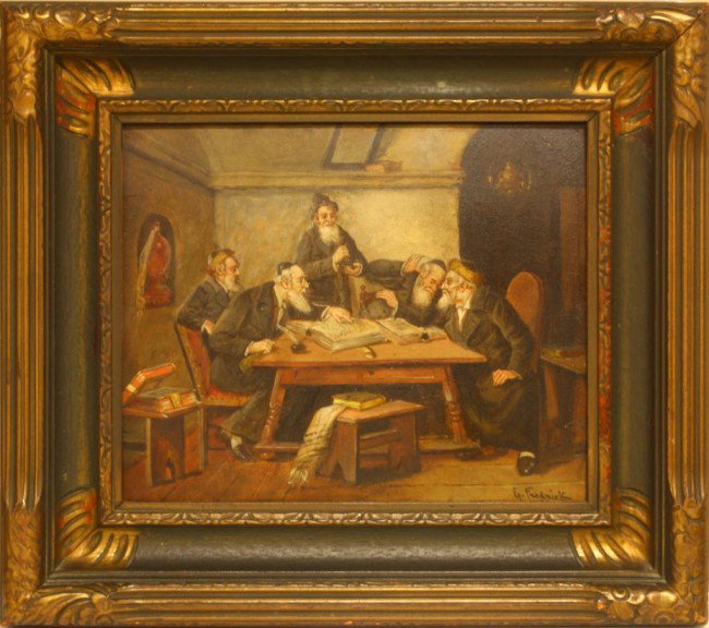 OIL PAINTING ON BOARD DEPICTING RABBI'S: Signed lower right "G. Fredrick". Depicts five Rabbi's at a table. Titled "Talmud Disputations". Measures 10 1/2" height x 12 1/2" width + 2 3/4" matte & frame (26.5cm x 32cm + 7cm).