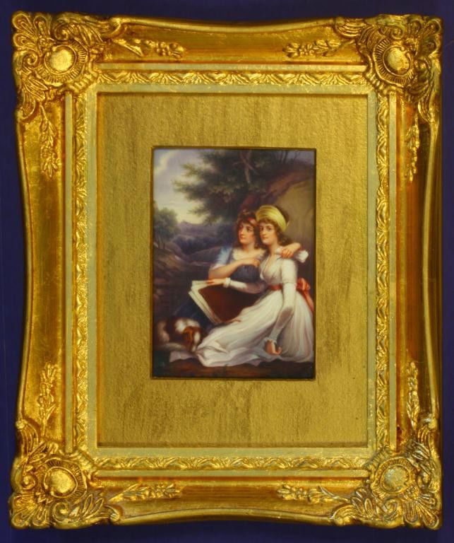 19th CENTURY ENGLISH PORCELAIN PLAQUE OF 2 WOMEN: Beautiful 19th century English porcelain plaque depicting two women with a dog. The two women are the daughters of Sir Thomas Frankland. This plaque is after the famous painting by William Ward (1766-
