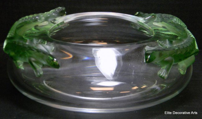 LALIQUE FRANCE CRYSTAL BAMAKO BOWL LIZARDS: Lalique France crystal Bamako salamanders bowl. Etched script mark on bottom of bowl. Measures 2 3/4" height x 8 3/4" diameter.