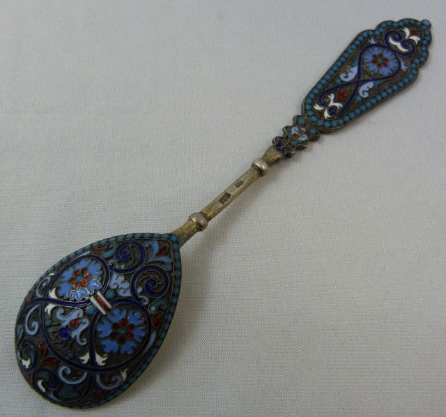 RUSSIAN SILVER & ENAMEL FILIGREE OVAL SOUP SPOON: Has wonderful scrolled filigree enamel design to back of bowl. Handle has a wide, fanned design. Has Moscow town marks and 84 silver purity mark to side with Gustav Gustavovich Klingert maker's mark.