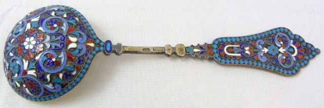 RUSSIAN SILVER & ENAMEL FILIGREE ROUND SOUP SPOON: Has intricate scrolled filigree enamel design to back of bowl. Handle has a wide, fanned design. Has Moscow town marks and 84 silver purity mark to side Gustav Gustavovich Klingert maker's mark. Late