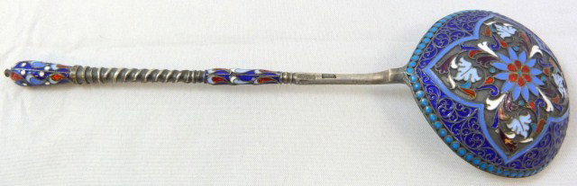 RUSSIAN SILVER & ENAMEL FILIGREE ROUND SOUP SPOON: Has intricate scrolled filigree enamel design to back of bowl. Handle has a spiral and enameled tear-drop design. Has Moscow town marks and 84 silver purity mark to side Gustav Gustavovich Klingert ma