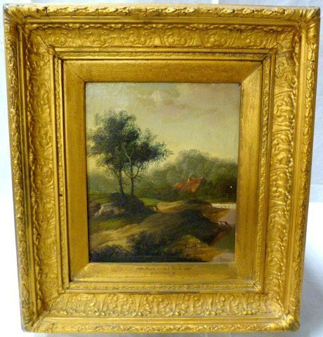 C. MORRIS OIL ON CANVAS "PATH TO THE FARM" 1900: Charles Alfred Morris (British, 1898). Oil painting depicting a trail leading towards a farm house that can be seen in the distance amidst trees. Signed "C. Morris" lower right. Has gold leaf frame. M