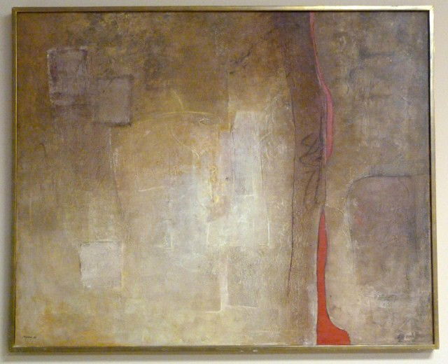 BYRON GALVEZ ABSTRACT OIL PAINTING ON CANVAS: Byron Gálvez (MEXICAN, 1941- ). Depicts an abstract image with browns and a red line down the right side. Signed lower left "Byron" and dated 1976. Measures 52" height x 52" width + 1/2" matte & fram