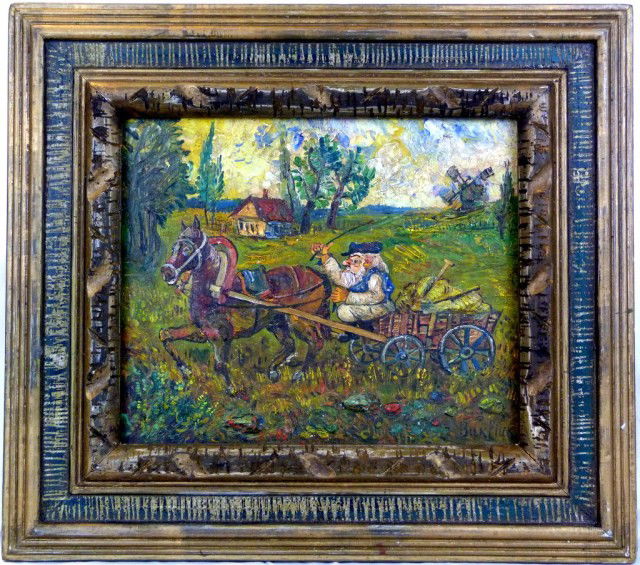 DAVID BURLIUK RUSSIAN OIL PAINTING ON BOARD: David Davidovich Burliuk (AMERICAN/RUSSIAN, 1882-1967). Oil on board depicting a farmer sitting on a wagon that is full of hay. The wagon is being pulled by a horse. In the background a house and a wi