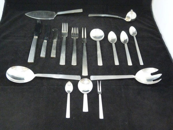 79pc GEORGE JENSEN BERNADOTTE SILVER FLATWARE SET: Fabulous 79 piece Georg Jensen Denmark flatware set in the Bernadotte pattern. Circa 1939. No monograms or removals. Set includes the following pieces: 8 Dinner knives: 8 5/8" length/22cm 8 Fruit kniv