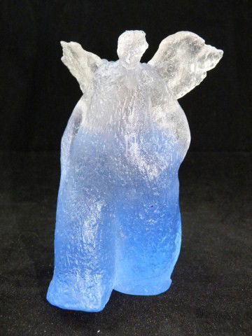 DAUM FRANCE ART GLASS ANGEL FIGURE: Beautiful Daum Graceful Seraphin blue Limited Edition art glass angel figure. Auction includes original box. Designed by Pascale Boucholzer. Measures 6" height (15.24cm).