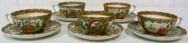 5 CHINESE ROSE MEDALLION TEACUP & SAUCER SETS: 5 Fabulous Antique Chinese Rose Medallion teacup and saucer sets. Each piece depicts scenes of people and birds with floral bordering. No apparent signature. Early 19th century. Cups measure 2" height