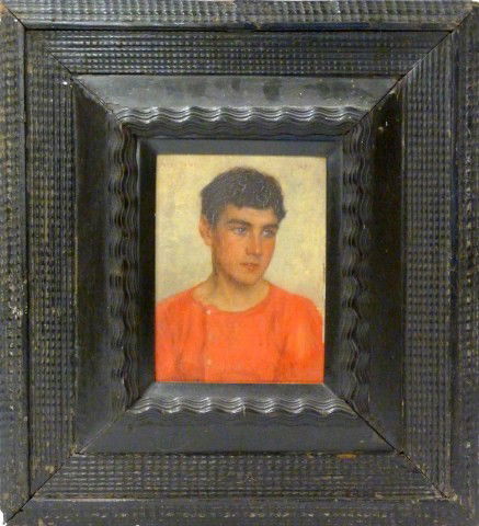 TUKE OIL PAINTING ON BOARD DEPICTING YOUNG BOY: Henry Scott Tuke (BRITISH, 1858-1929). Depicts a boy in a red shirt. Signed upper left and dated 1897. Measures 9 3/4" height x 7 1/2" width + 4 3/4" matte & frame (24.7cm x 19cm + 12cm)