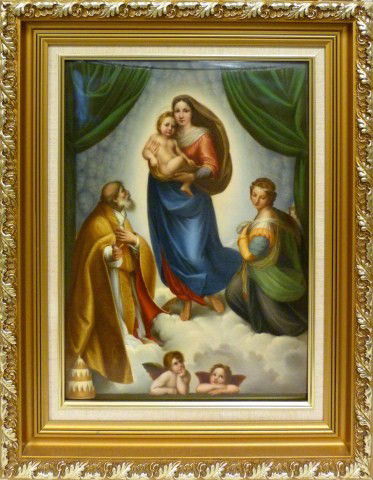 LARGE KPM PORCELAIN PLAQUE OF SISTINE MADONNA: Incredible German porcelain plaque by the Kaiser Porcelain Manufacturing Company. Piece is fully hand painted and depicts the "The Madonna di San Sisto" after Rafael's highly influential original work
