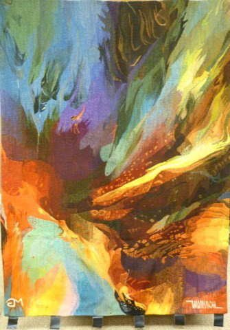 LEONARDO NIERMANN ABSTRACT TAPESTRY: Leonardo Nierman (MEXICAN, 1932). Very interesting tapestry by the Mexican artist Leonardo Nierman. Mounted with leather straps to two ends for hanging with rods. Measures 77" height x 55" width (195.