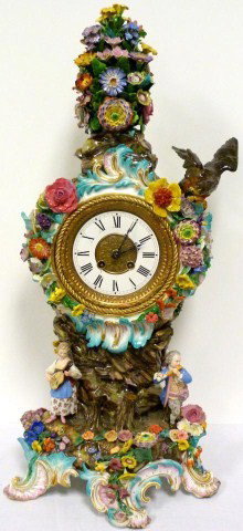 ANTIQUE MEISSEN PORCELAIN FLORAL MANTLE CLOCK: This clock was manufactured at the Meissen Royal Porcelain Manufactory. Established in Saxony, Germany, in 1710 by a royal decree of Augustus the Strong, King of Poland and Elector of Saxony. Being am