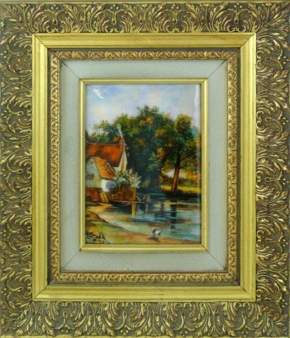 FJ CARMONA LIMOGES FRENCH PAINTED ENAMELED PLAQUE: Vividly decorated enamel on copper image depicting a house near a lake with trees and a dog. Signed "F.J. Carmona, Limoges" to lower left. Also has additional original documentation to reverse. Measur