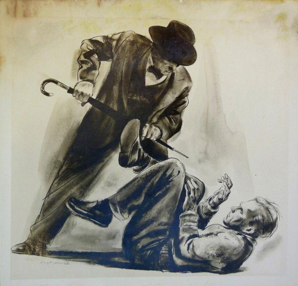 JOSEPH HIRSCH CHARCOAL OF MEN FIGHTING: Joseph Hirsch (AMERICAN, 1910-1981). Depicts a well dressed man with an umbrella looking down at another man of the floor. Their positioning suggests that the two men were in a scuffle and the well dr
