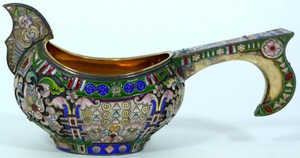 MARIA SEMENOVA RUSSIAN SILVER & ENAMEL KOVSH: Beautiful Russian Silver Kovsh. Has incredible multicolor floral enameled design. Gold wash to interior. Aleksandr Aleksejewitsch Smirnov assayer's mark dated 1894. Has double headed eagle in circle m