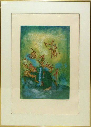 ROBERTO MATTA LITHOGRAPH DEPICTING FIGURES: Roberto Matta (CHILEAN, 1911-2002). Abstract design depicting people. Signed lower right and numbered 21/100. Image measures 19 3/8" height x 14 3/4" width (49.21cm x 37.4cm). Frame measures 33 1/2" h