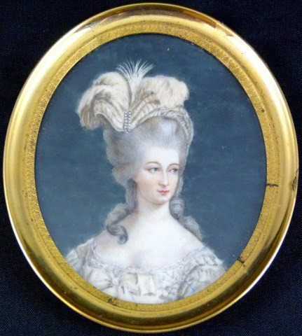 ANTIQUE MINIATURE HAND PAINTED PORTRAIT ON IVORY: Antique hand painted portrait depicting Marie Antoinette. No apparent signature. Has a bronze frame. Circa 1906. Measures 3 1/2" height x 3" width (8.8cm x 7.62cm).
