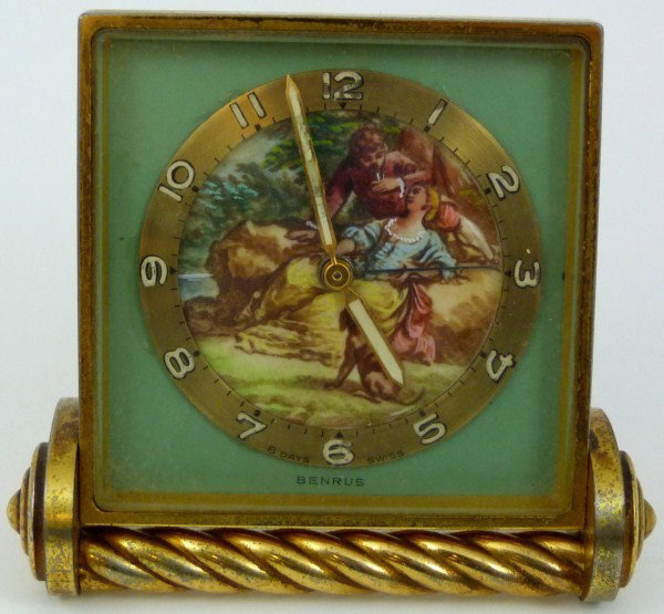 ANTIQUE BENRUS BRASS & ENAMEL 8 DAY DESK CLOCK: Beautiful desk clock with a French style enameled scene depicting a courting couple. 8 day Swiss movement. Brass frame with enamel face. Marked 10 302 to bottom and 937465 to movement. Circa 1920. Mea