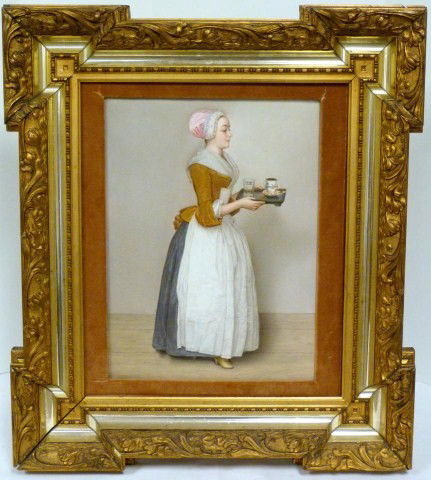 LARGE PORCELAIN BERLIN KPM PLAQUE "CHOCOLATE GIRL": Depicts a girl carrying a tray with hot chocolate. A Berlin painted porcelain plaque depicting a Girl Serving Chocolate, with impressed KPM and scepter mark, painted after Jean-Etienne Liotard's work