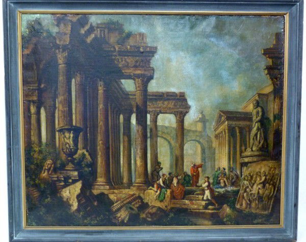 ITALIAN OLD MASTER PAINTING SCHOLAR IN ROMAN FORUM: Magnificent antique oil painting on canvas depicting the Apostle Paul preaching to a captivated audience in the Roman Forum. After Giovanni Paolo Panini. 18th/19th century. Measures 36" height + 44" w