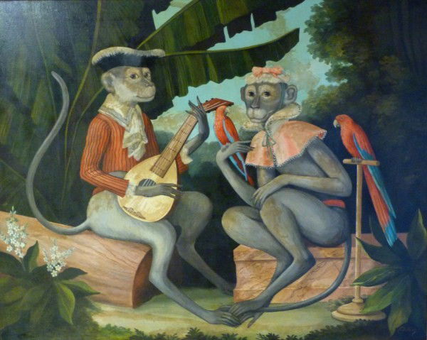 WILLIAM SKILLING OIL PAINTING ON CANVAS OF MONKEYS: William Skilling (AMERICAN/BRITISH, 1982-1964). Depicts two monkeys dressed in clothes. One is playing a guitar and the other is enjoying the serenade. A red parrot is perched next to the female monke
