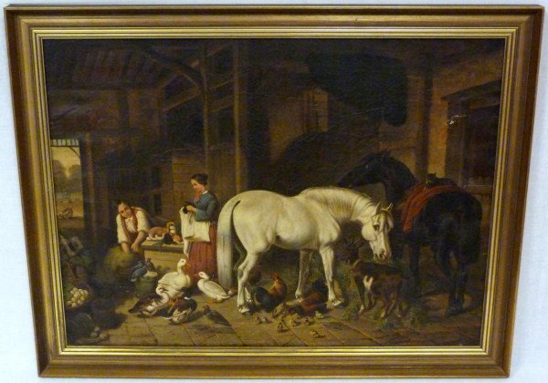 J.F. HERRING OIL PAINTING ON CANVAS OF FARMHOUSE: John Frederick Herring the Younger (BRITISH, 1815-1907). Depicts the interior of a farm house with horses, ducks, chickens, chicks, swans, and a goat. The man & woman of the farm can be seen working a