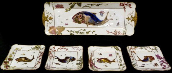 HAVILAND LIMOGES 9pc ANTIQUE PORCELAIN FISH SET: Has the Messers, E. Gerard, Dufaisseix and Morei CFH/GDM mark used circa 1881. Also has blue circular Haviland Limoges marks. Each plate has a hand painted and gilded fish design. Set includes 8 squar