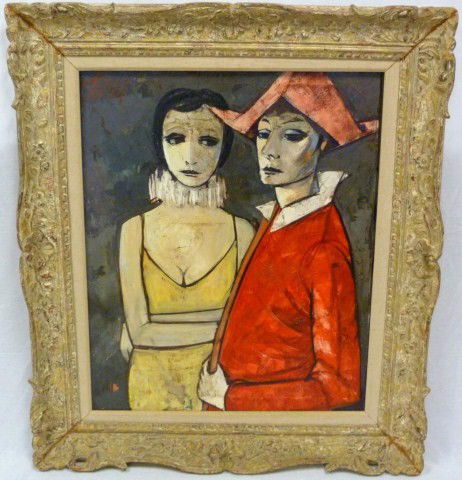 LEVIER OIL PAINTING ON CANVAS OF MAN & WOMAN: Charles Levier (FRENCH, 1920-2003). Oil painting on canvas depicting a man with a red coat and a woman with a yellow dress. Signed upper left. Measures 29" H x 24" W + 5" matte and frame.