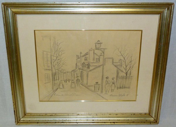UTRILLO PENCIL "LA MAISON DE MIMI PINSON": Maurice Utrillo (FRENCH, 1883-1955). Depicts a street scene. Titled lower left: "La Maison de Mimi Pinson". Signed lower right. Measures 26" W x 21" H + 5" matte and frame (66cm x 53.3cm + 13cm). Prov