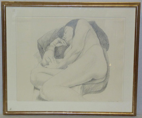 PEARLSTEIN PENCIL OF SLEEPING NUDE FEMALE: Philip Pearlstein (AMERICAN, 1924). Depicts nude female sleeping. Signed lower right and dated 1972. Measures 23 1/2" H x 29" W + 4" matte and frame. (59.5cm x 73.5cm + 10cm)