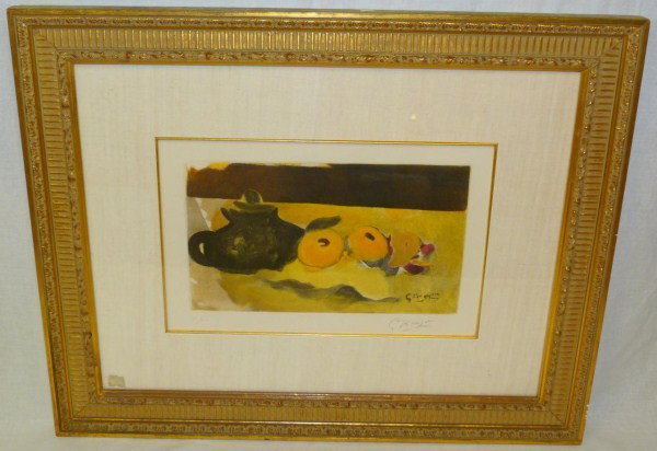 BRAQUE LITHOGRAPH OF FRUIT & TEAPOT: Georges Braque (FRENCH, 1882-1963). Depicts teapot and fruit. Pencil signed lower right. Numbered lower left 155/300. Measures 12 1/2" H x 19 1/2" W + 7 3/4" matte & frame.(32cm x 49.5cm + 20cm)