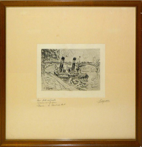 PAUL SIGNAC LITHOGRAPH DEPICTING STEAMBOATS: Paul Signac (FRENCH, 1863-1935). ''Paris: Le Pont des Arts ave Remorqueurs'' (Kornfeld 24)- etching and aquatint, 1927. Pencil signed to matte. Measures 6" height x 8 3/4" width + 5 1/2" matte & frame