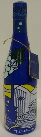 LICHTENSTEIN TAITTINGER COLLECTION CHAMPAGNE BOTTL: Roy Lichtenstein Taittinger collection Chapagne in stylized bottle from 1985. Measures 13 1/2" height. Includes original box.