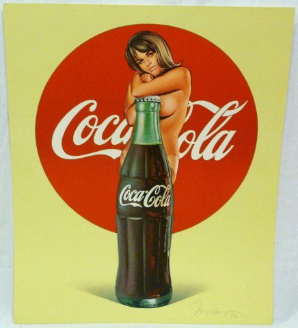 COCA COLA POSTER OF NUDE FEMALE AND 50'S BOTTLE: Depicts a nude female standing behind a 50's style Coca-Cola bottle. In the background is the round Coca-Cola logo. Signed lower right and dated 1972. Measures 31" height x 25" width (78.7cm x 63.5cm)