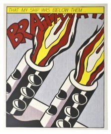 ROY LICHTENSTEIN "AS I OPENED FIRE" TRIPTYCH PRINT: Set of 3. Color offset lithograph triptych, "As I Opened Fire", 1966, by Roy Lichtenstein (American, 1923-1997), published by Stedlijk Museum, each sheet overall: 25.25" H x 20.75" W.