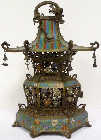 ANTIQUE CHINESE CLOISONNE PAGODA DRAGON LAMP: Magnificent hanging Chinese lamp with pagoda design. Has reticulated bronze screen with floral design and enameling. Has raised cloud pattern bordering throughout. Figrual dragon figure near handle. D