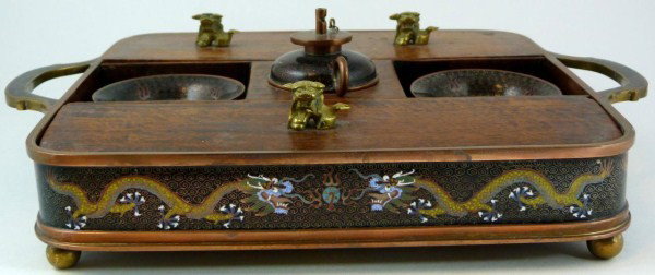 ANTIQUE CHINESE CLOISONNE CHAMPLEVE OPIUM SET: Highly decorated Enamel on brass dragons opium set. Main tray has 5 compartments. Two small covered compartments and one long covered compartment. Two open compartment for housing bowls. There is a fi