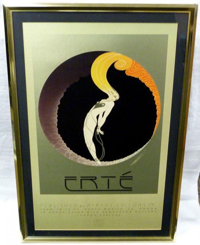 ERTE MIRAGE EDITIONS POSTER LITHOGRAPH: Erte Poster published by Mirage Editions. Offset Lithograph with the edition of metallic gold ink. Measures 29 1/4" height x 18" width + 2 1/4" matte & frame (74.2cm x 45.7cm + 5.7cm). Guaranteed orig