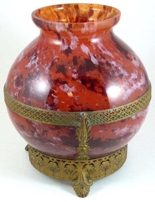 DAUM LORRAIN FRENCH ART GLASS BRONZE MOUNTED VASE: French art glass Daum Lorrain vase with bronze scrolled mount. Has bulbous shape with flared lip. Signed and marked "Made in France" just beneath center band. Measures 9 1/2" height (24.1cm).