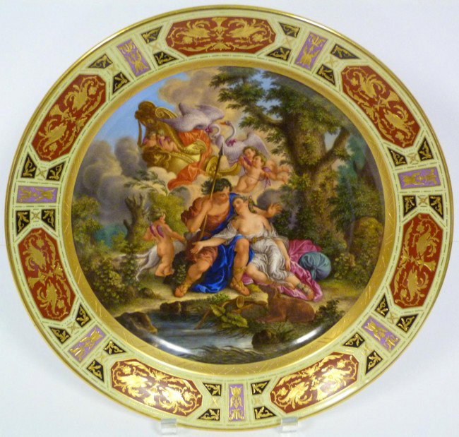 ROYAL VIENNA HAND PAINTED ADONIS AND VENUS CHARGER: Hand painted charger depicting Adonis and Venus in a very detailed scene. Bee hive mark to reverse. Measures 14" diameter (35.5cm). Guaranteed original.