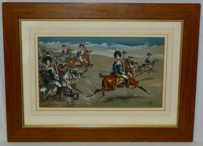 G H BOUGHTON GOUACHE DEPICTING OF 10th DRAGOONS: George Henry Boughton (AMERICAN, 1833-1905). Gouache depicting British Cavalry. Titled "Flight of the 10th Light Dragoons". Signed lower right. Measures 10 1/4" height x 18" width + 4 3/4" matte & fra